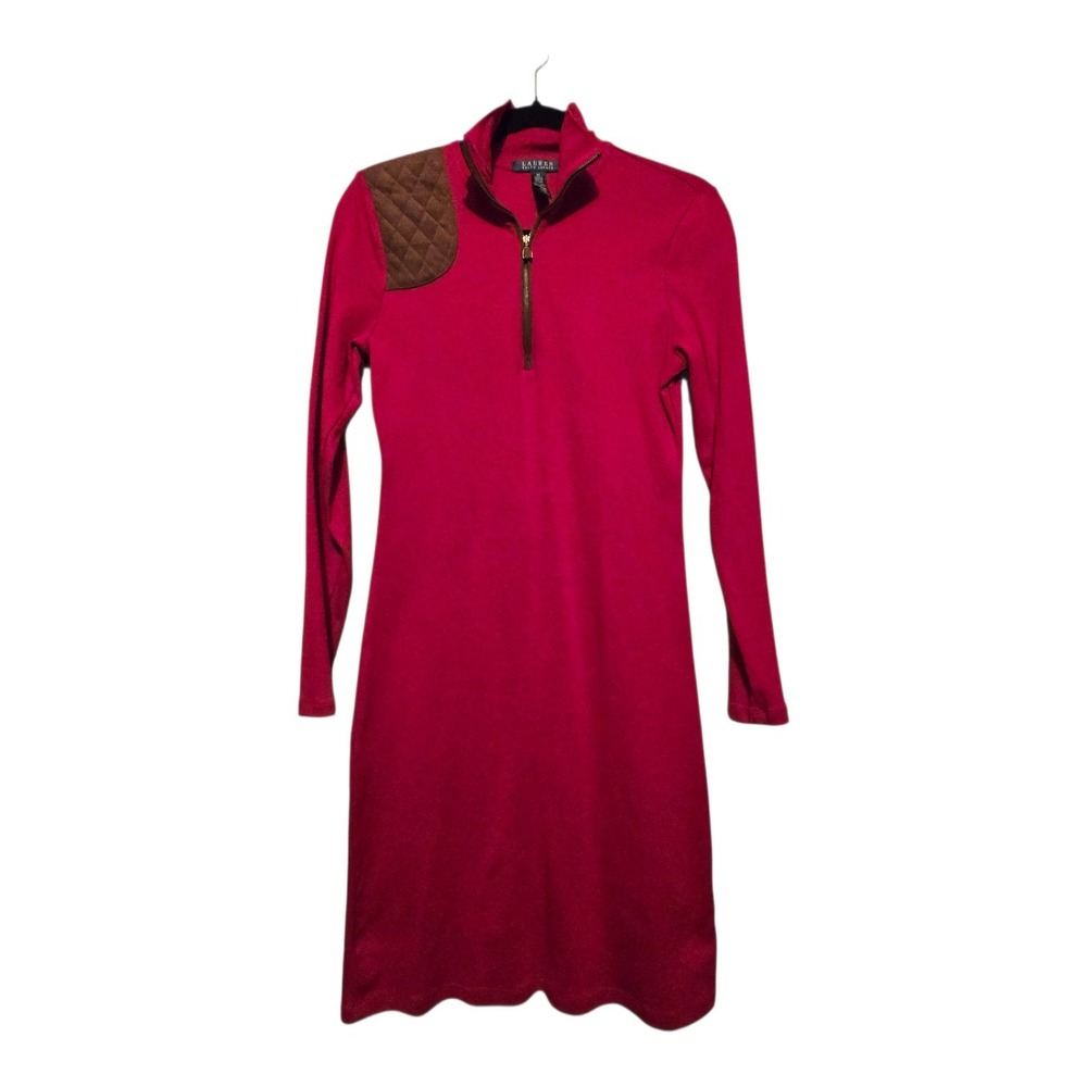 Ralph Lauren LRL Knit Dress Womens M Red Faux Suede Patch Equestrian Hunt Preppy